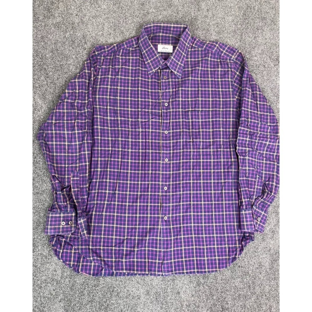 Brioni Italy Purple Pink Checked 100% Cotton Long Sleeve Button Up Shirt Size XL